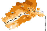 Průměrná roční teplota vzduchu v zájmovém území projektu – období 1991–2010. Na Liberecku se světle oranžová mění na tmavší odstín a ubývá modré barvy v Jizerských horách.
