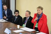 Náměstkyně ministra školství Radka Wildová na Valném shromáždění ESU. Vedle ní Pavel Matějka, rektor VŠCHT, Matteo Vespa, předseda ESU, a Michal Farník, předseda SK RVŠ. Zdroj: ESU/FCB