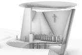 Šikmé stěny kostela jsou dvouplášťové, což umožňuje konstrukčně i tepelně oddělit oba povrchy a odlišit i jejich tvary. Vizualizace: Jiří Suchomel